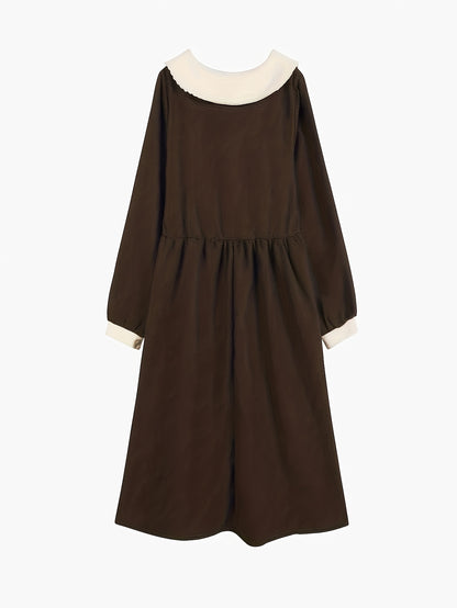 Sixsr Color Block Peter Pan Collar Dress, Casual Long Sleeve A-line Tied Dress, Women's Clothing