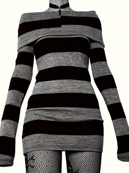 Sixsr Striped Print Foldover Dress, Casual Long Sleeve Bodycon Dress, Women's Clothing