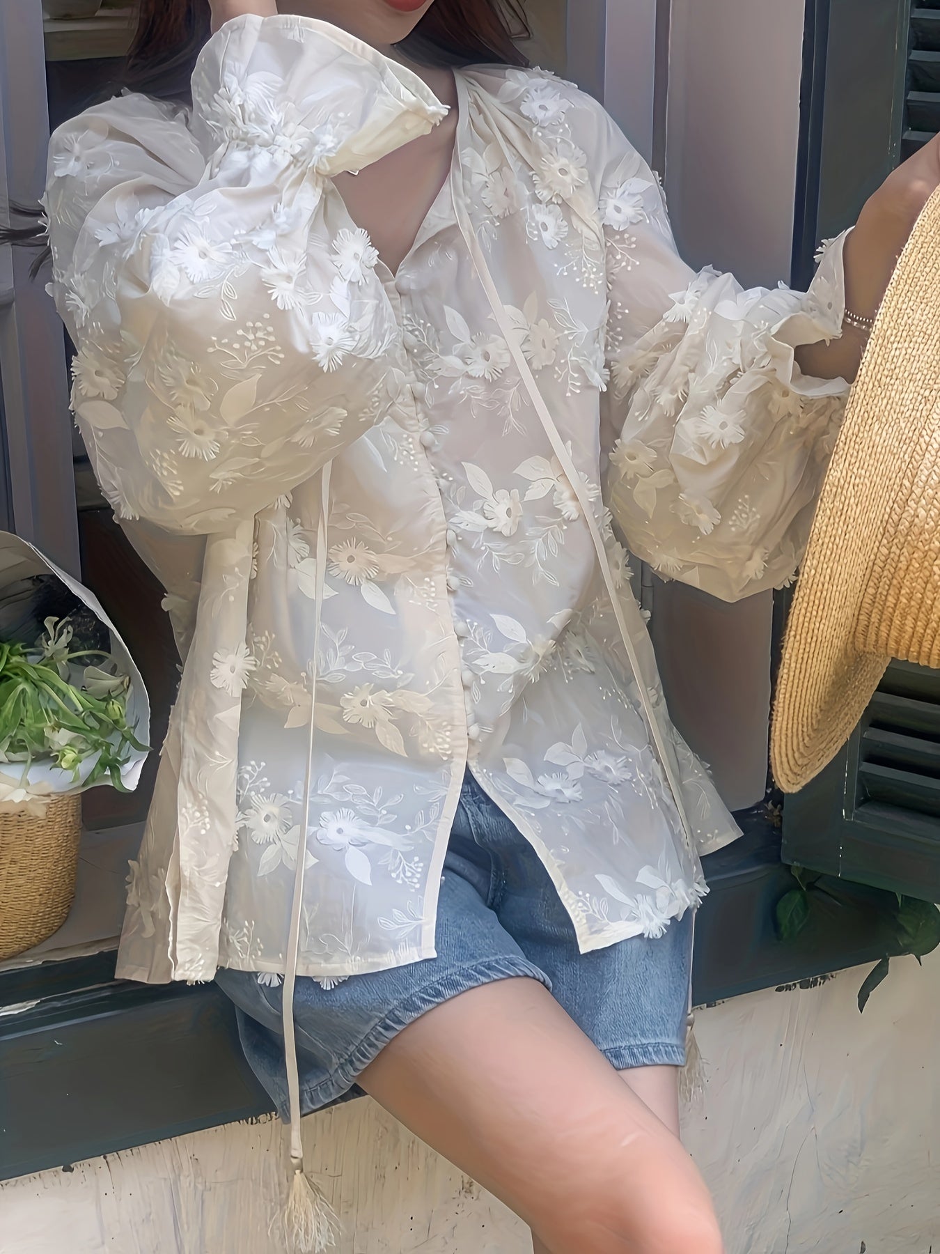 Sixsr Floral Embroidered Blouse, Elegant Drawstring Long Sleeve Blouse, Women's Clothing
