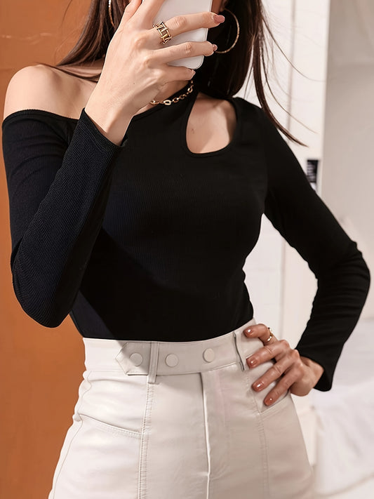 Sixsr Cutout Solid Cold Shoulder T-Shirt, Casual Long Sleeve Top For Spring & Fall, Women's Clothing