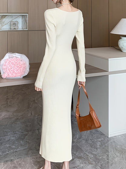 Sixsr Ribbed Slim Solid Dress, Elegant Long Sleeve Dress For Spring & Fall, Women's Clothing