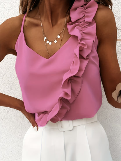 Ruffle Hem Spaghetti Strap Top, Elegant V-neck Sleeveless Cami Top For Summer, Women's Clothing