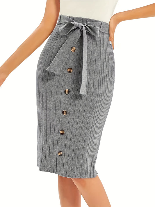 Sixsr Button Decor Tie Waist Skirt, Elegant Bodycon Knit Skirt For Spring & Fall, Women's Clothing