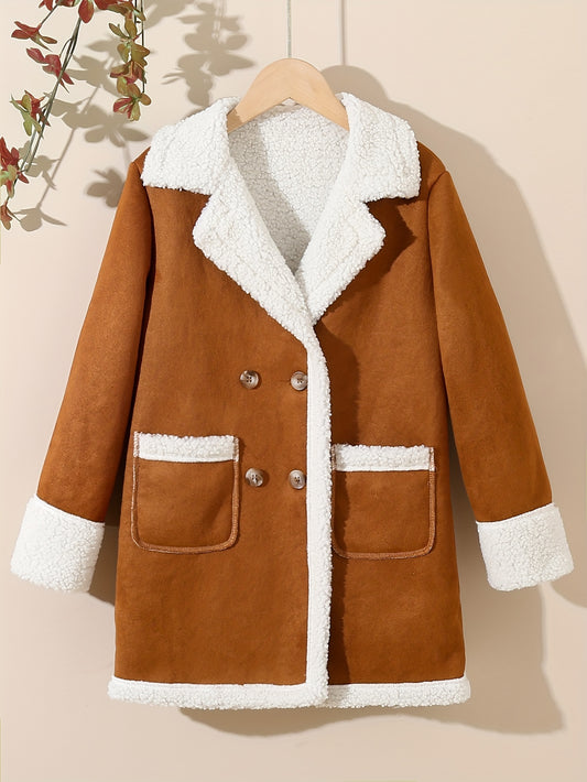 Sixsr Girls Lapel Fleece Spliced Vintage Button Pea Coat For Winter Outerwear