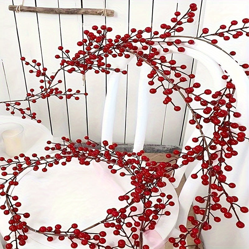 69 inch realistic artificial cranberry vine - Faux red holly hanging decoration for home, wedding and Christmas - Versatile berry garland for table centerpieces, New Year's celebrations and engagement parties