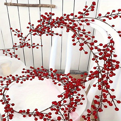 69 inch realistic artificial cranberry vine - Faux red holly hanging decoration for home, wedding and Christmas - Versatile berry garland for table centerpieces, New Year's celebrations and engagement parties