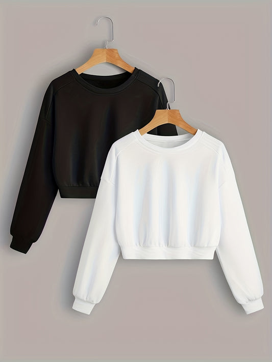 Sixsr Solid Crop Sweatshirt 2 Pack, Casual Long Sleeve Sweatshirt For Spring & Fall, Women's Clothing