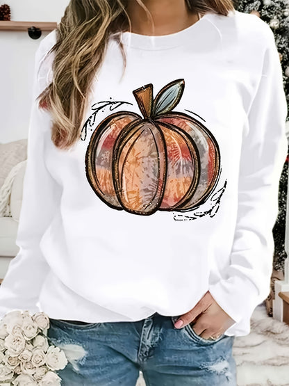 Sixsr Halloween Pumpkin Print Sweatshirt, Casual Long Sleeve Crew Neck Sweatshirt, Women's Clothing