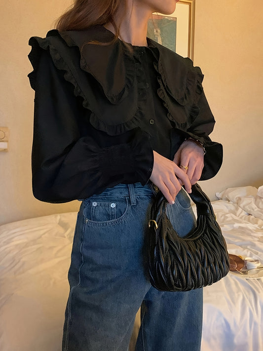 Sixsr Solid Lapel Collar Lettuce Trim Blouse, Long Sleeve Button Up Casual Blouse, Women's Clothing