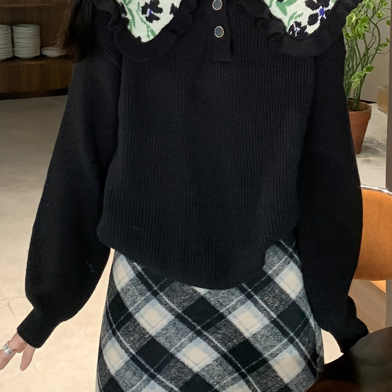 Sixsr Floral Pattern Ruffle Trim Lapel Sweater, Casual Long Sleeve Button Sweater For Fall & Winter, Women's Clothing