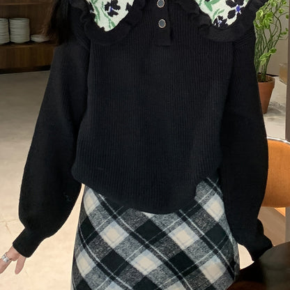 Sixsr Floral Pattern Ruffle Trim Lapel Sweater, Casual Long Sleeve Button Sweater For Fall & Winter, Women's Clothing