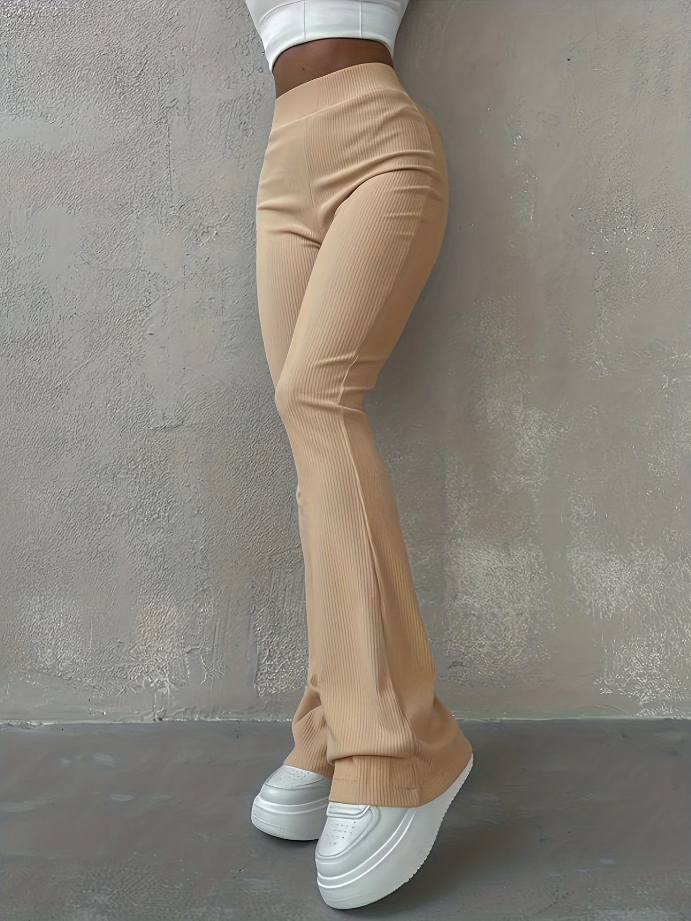 Sixsr Solid Ribbed Flare Leg Pants, High Waist Slim Elastic Pants, Women's Clothing