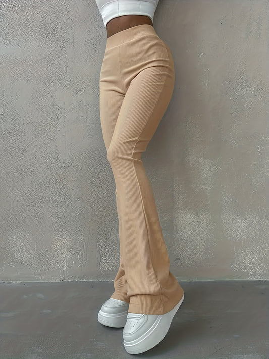 Sixsr Solid Ribbed Flare Leg Pants, High Waist Slim Elastic Pants, Women's Clothing