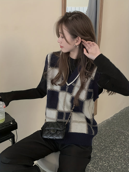Sixsr Plaid V Neck Sweater Vest, Vintage Sleeveless Vest For Spring & Fall, Women's Clothing