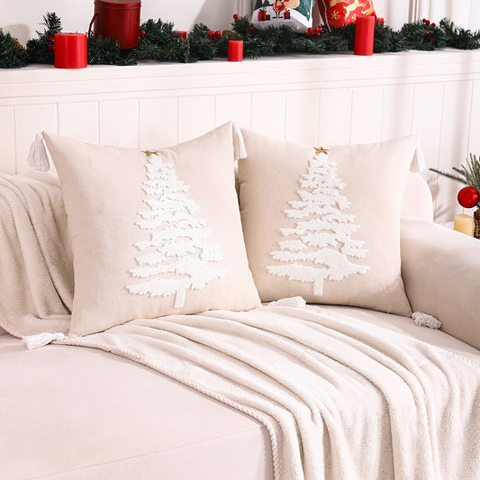 2pcs Tassel Embroidery Christmas Tree Throw Pillow Covers, Home Decor Pillowcase for Bedroom Living Room Sofa Car
