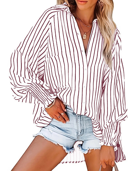 Sixsr Plus Size Casual Blouse, Women's Plus Striped Print Lantern Sleeve Button Up Lapel Collar Slight Stretch Tunic Shirt Top