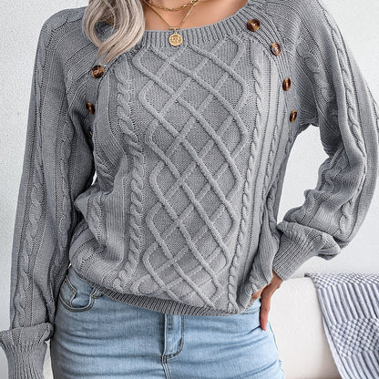 Cozy Women's Sweater with Textured Button Lantern Sleeves