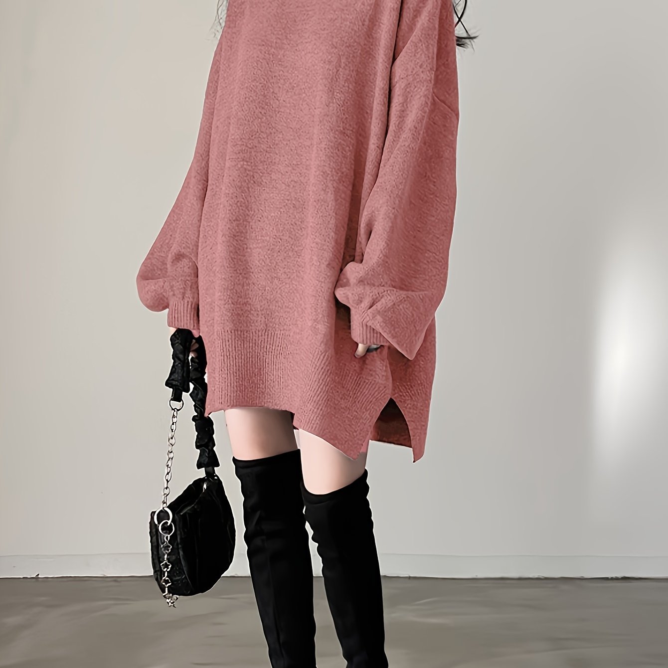 Sixsr Solid Turtle Neck Oversized Sweater, Casual Long Sleeve Split Sweater, Women's Clothing