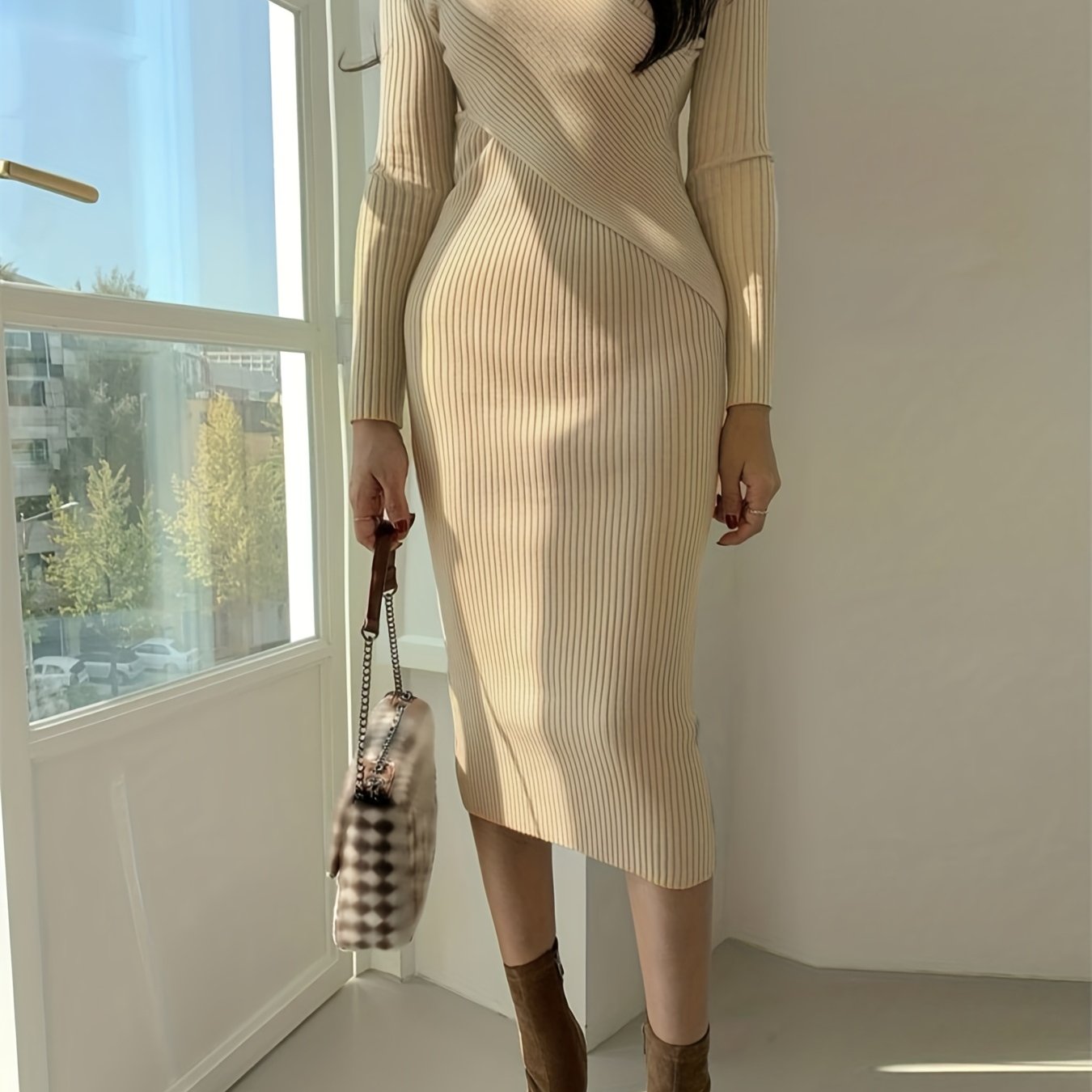 Solid Rib Knit Dress, Vintage Elegant Long Sleeve Bodycon Dress, Women's Clothing