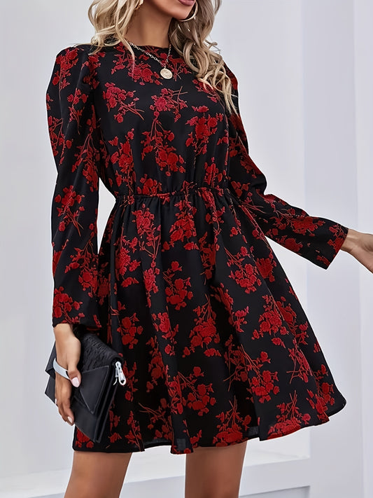 Sixsr Floral Print Keyhole Dress, Elegant Crew Neck Long Sleeve Dress, Women's Clothing