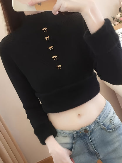 Sixsr Solid Mock Neck Fleece Sweater, Elegant Button Long Sleeve Thermal Inner Wear Sweater, Women's Clothing