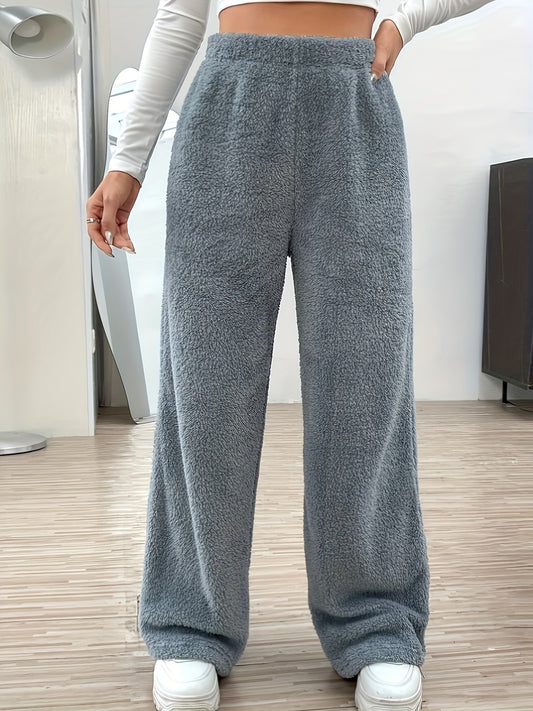 Sixsr Plus Size Casual Pants, Women's Plus Solid Teddy Fleece Elastic High Rise Slight Stretch Wide Leg Trousers