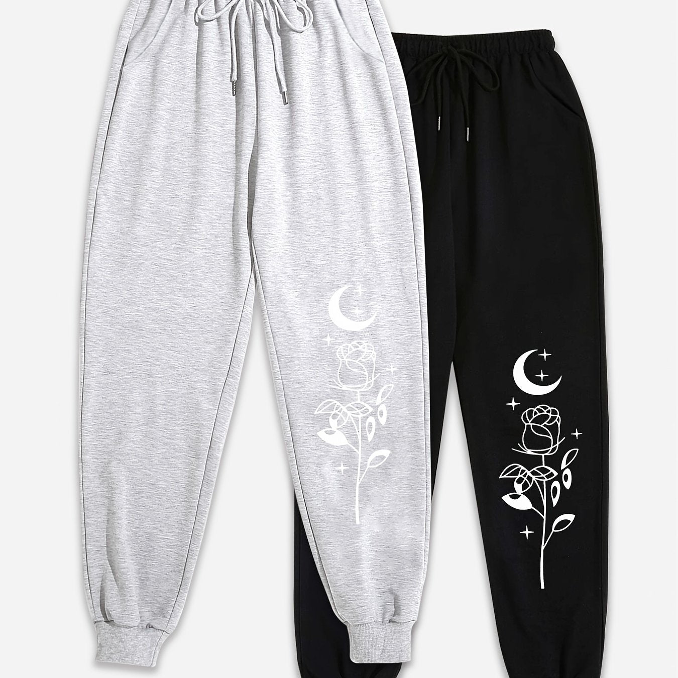 Sixsr 2 Pack Plus Size Sports Pants, Women's Plus Floral & Moon Print Elastic Drawstring Fitness Joggers 2 Pcs Set