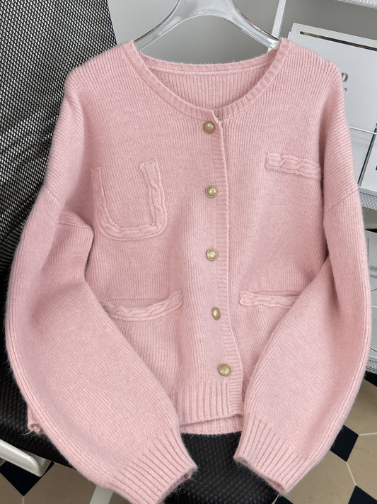 Sixsr Solid Button Down Knit Cardigan, Casual Long Sleeve Pocket Sweater, Women's Clothing