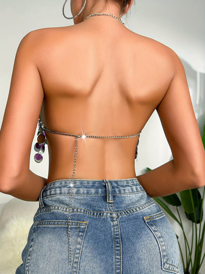 Sixsr  Contrast Sequin Halter Top, Club Wear Nightout Chain Strap Backless Crop Top, Women's Clothing