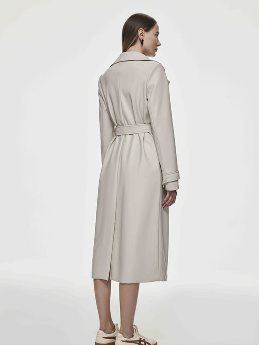 Sixsr Solid Faux Leather Double Lapel Long Sleeve Trench Coat, Fashion Fall Winter Overcoat, Women's Clothing