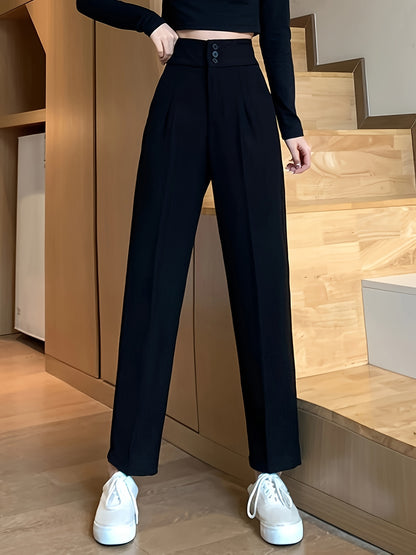 Sixsr Solid Button Front Straight Leg Pants, Versatile High Waist Pants For Spring & Fall, Women's Clothing