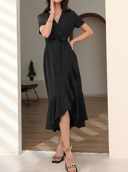 Sixsr Solid Ruffle Trim Dress, Elegant Surplice Neck Short Sleeve Maxi Dress, Women's Clothing