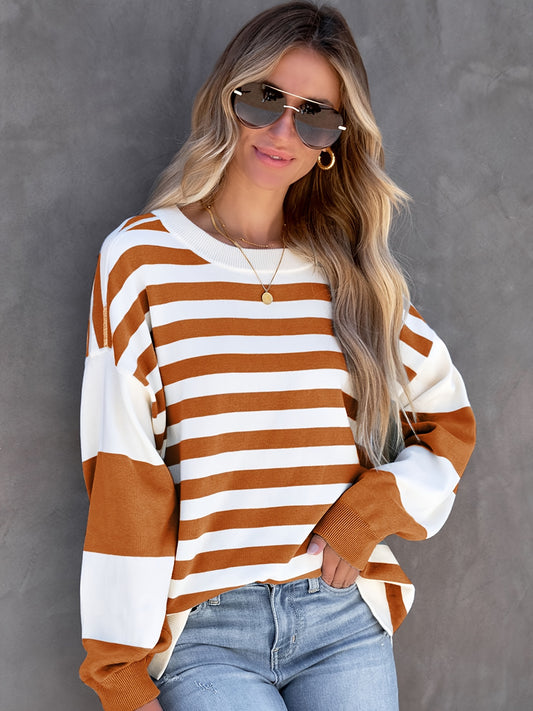 Sixsr Striped Drop Shoulder Pullover, Crew Neck Long Sleeve Sweatshirt For Fall & Winter, Women's Clothing