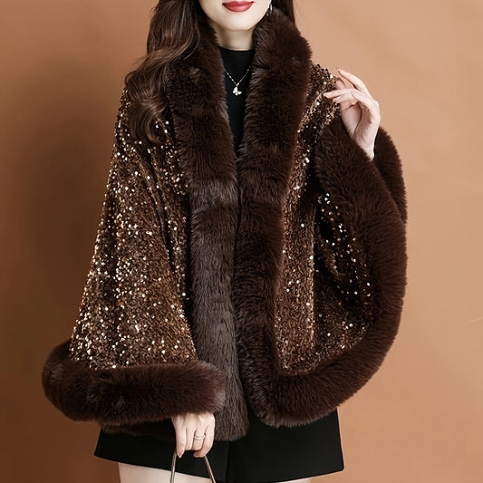 Sixsr Vintage Luxury Sequin Shawl Stylish Faux Fur Collar Cape Spring Autumn Outside Coldproof Warm Coat