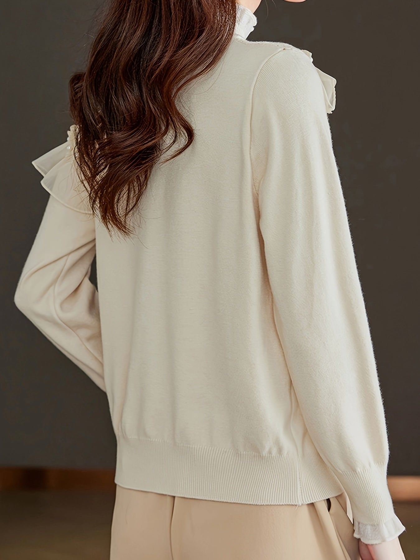 Sixsr Beaded Lace Trim Turtle Neck Knitted Top, Elegant Long Sleeve Slim Sweater For Spring & Fall, Women's Clothing