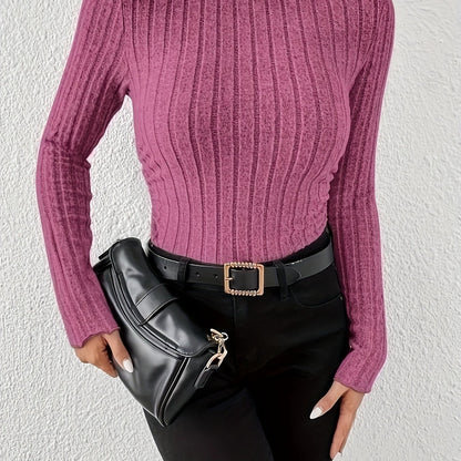 Sixsr Long Sleeve Ribbed Knit T-Shirt, High Neck Elegant Casual Top For Fall & Spring, Women's Clothing