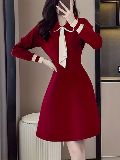 Sixsr Tie Neck A Line Dress, Elegant Long Sleeve Midi Dress, Women's Clothing