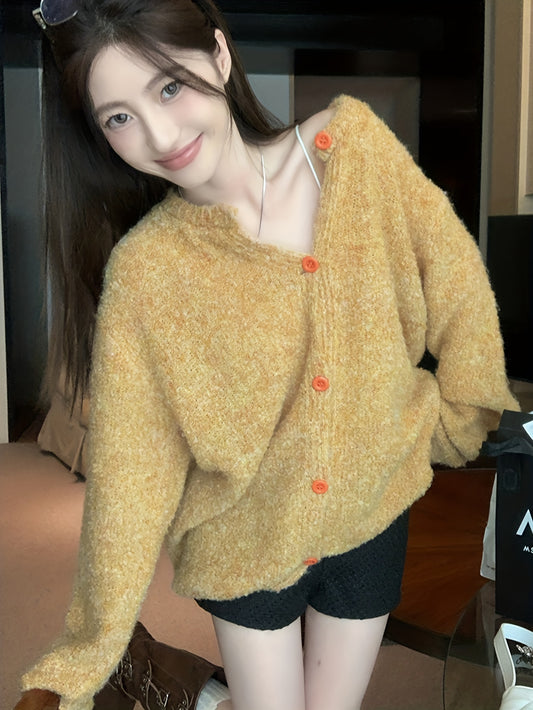 Sixsr Solid Button Down Knit Cardigan, Casual Long Sleeve Loose Slouchy Sweater, Women's Clothing