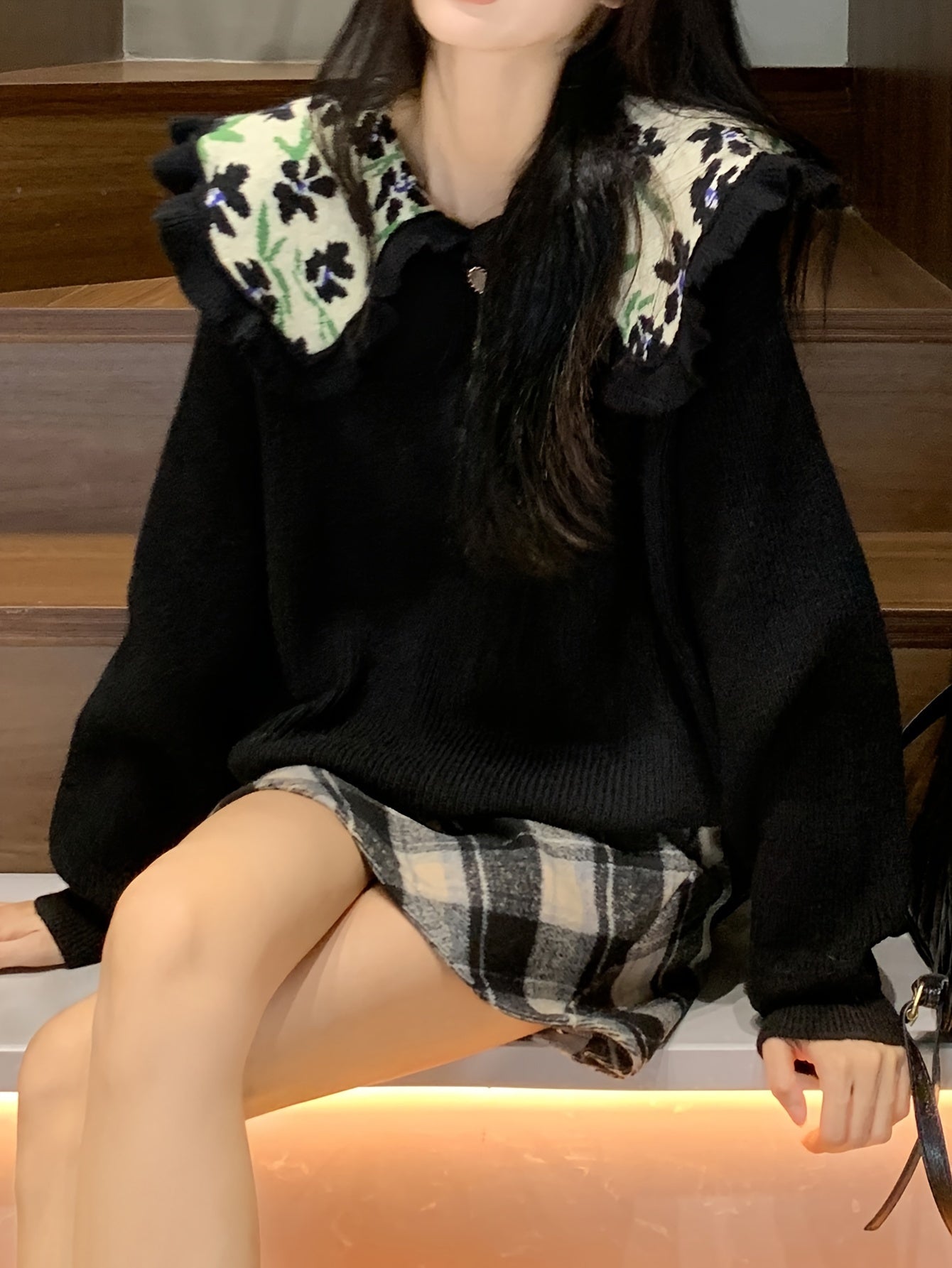 Sixsr Floral Pattern Ruffle Trim Lapel Sweater, Casual Long Sleeve Button Sweater For Fall & Winter, Women's Clothing