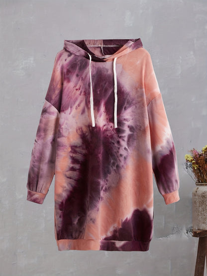 Sixsr Plus Size Casual Sweatshirt, Women's Plus Tie Dye Long Sleeve Drop Shoulder Drawstring Hoodie Long Sweatshirt