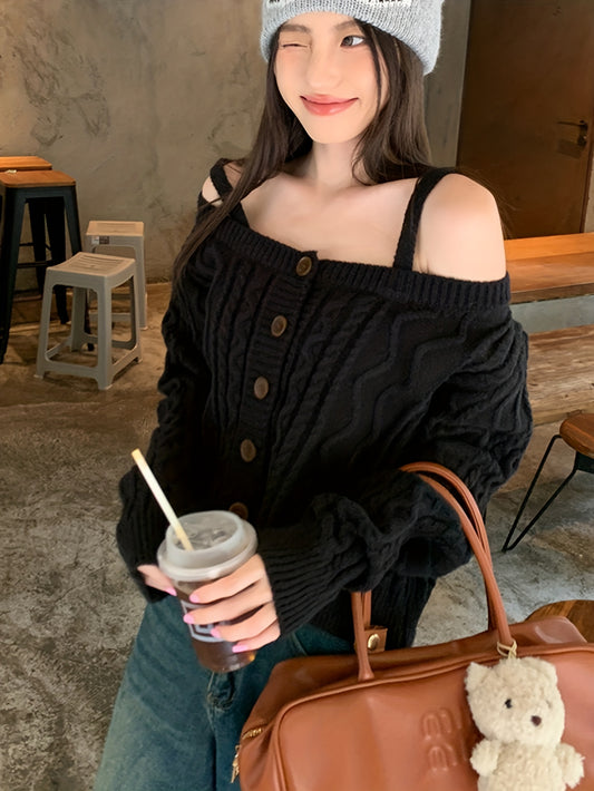 Sixsr Solid Off Shoulder Cable Knit Cardigan, Casual Button Down Fashion Sweater, Women's Clothing