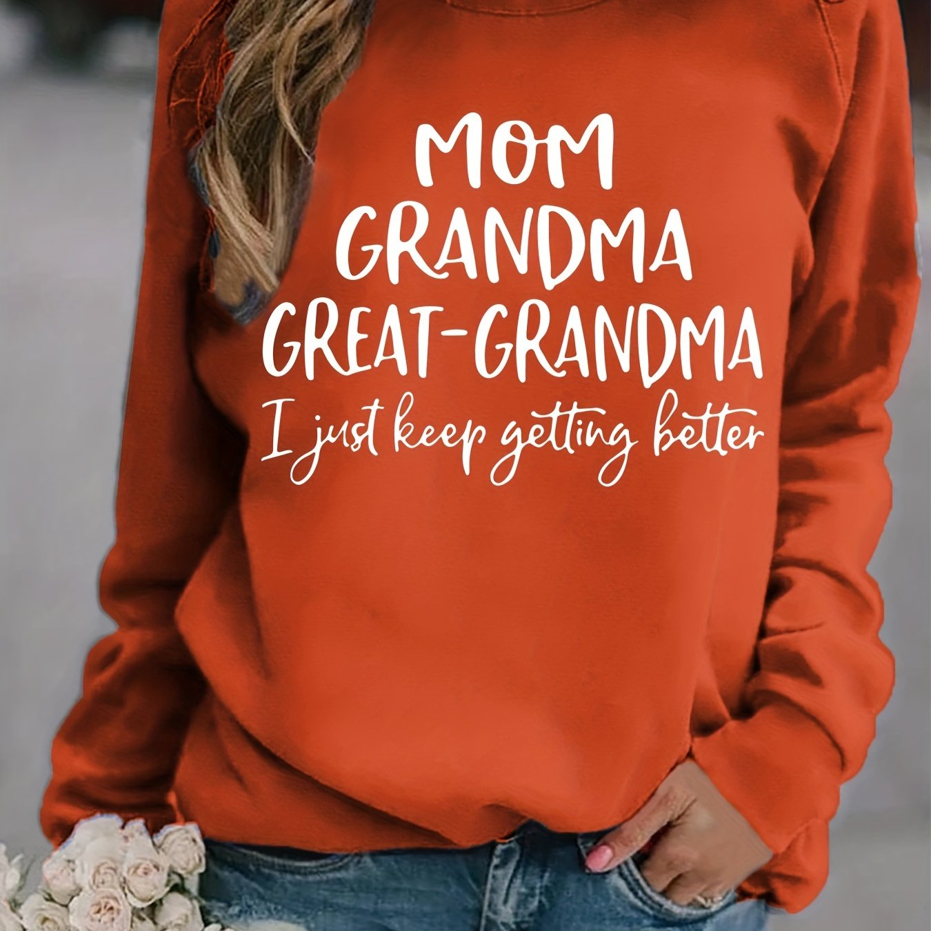 Sixsr Grandma Letter Print Solid Pullover, Long Sleeve Crew Neck Casual Sweatshirt, Women's Clothing