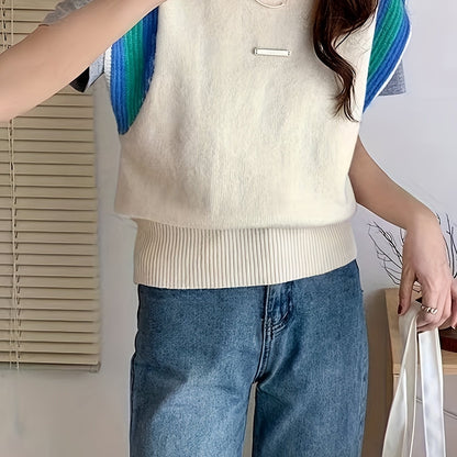 Sixsr Contrast Trim Crew Neck Tank Top, Cute Sleeveless Stripes Tank Top For Spring & Fall, Women's Clothing