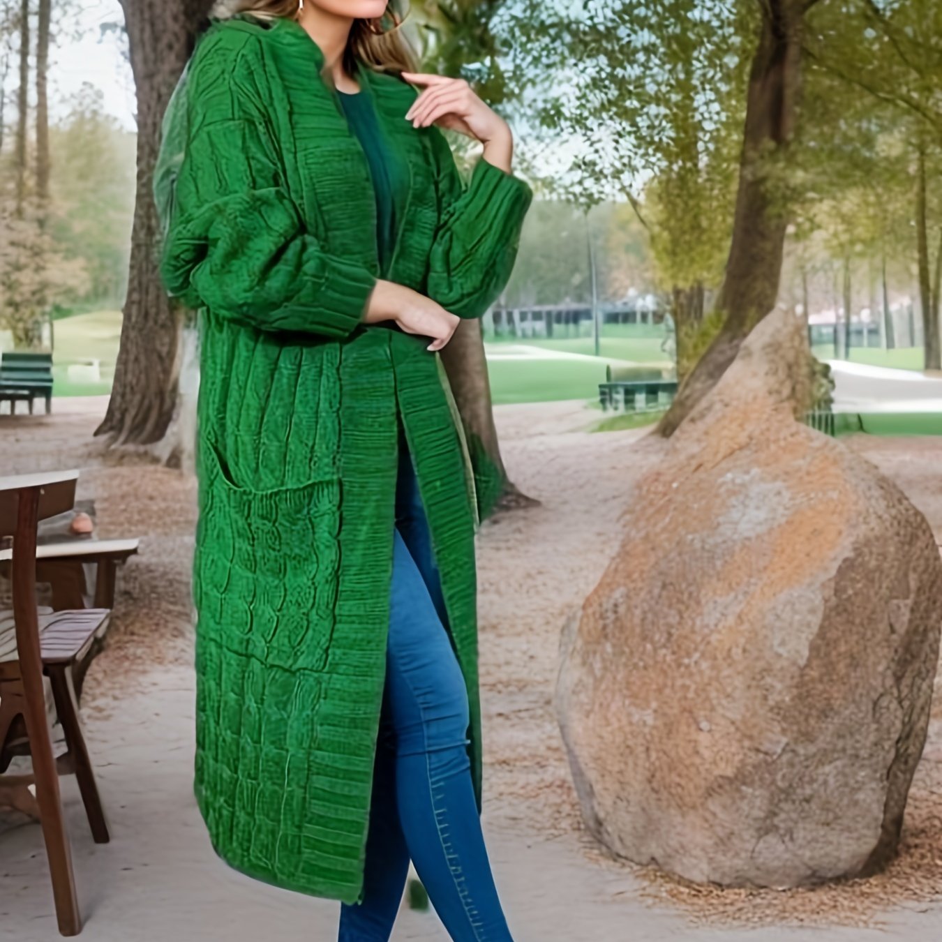 Sixsr Plus Size Elegant Sweater Cardigan, Women's Plus Cable Knit Open Front Long Sleeve High Stretch Cardigan With Pockets