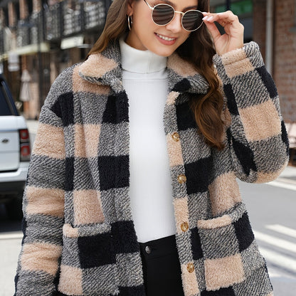 Sixsr Plaid Print Patched Pockets Teddy Coat, Versatile Long Sleeve Single Breasted Winter Outwear, Women's Clothing