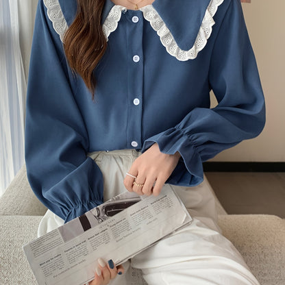 Sixsr Eyelet Lace Stitching Peter Pan Collar Shirt, Sweet Long Sleeve Button Front Shirt For Spring & Fall, Women's Clothing