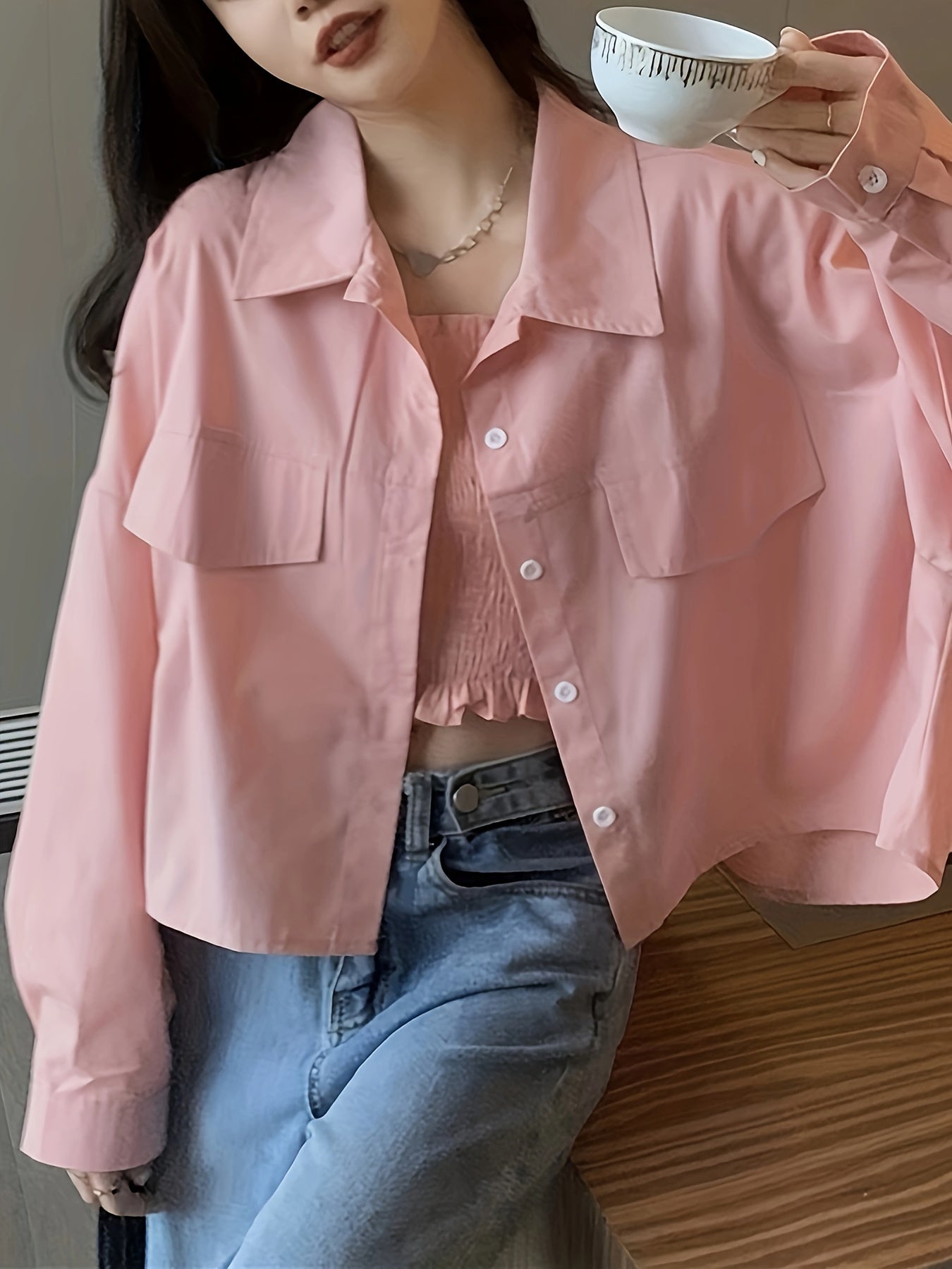 Sixsr Solid Button Front Shirt, Casual Long Sleeve Lapel Shirt, Women's Clothing