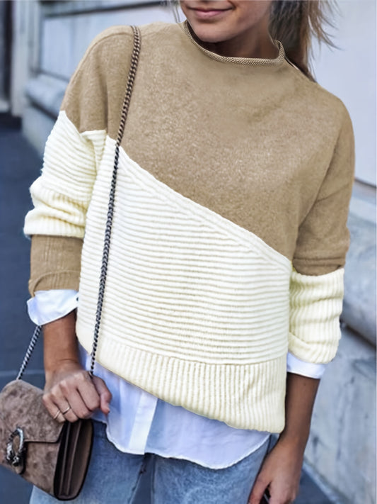 Sixsr Two-tone Mock Neck Pullover Sweater, Casual Long Sleeve Drop Shoulder Sweater, Women's Clothing
