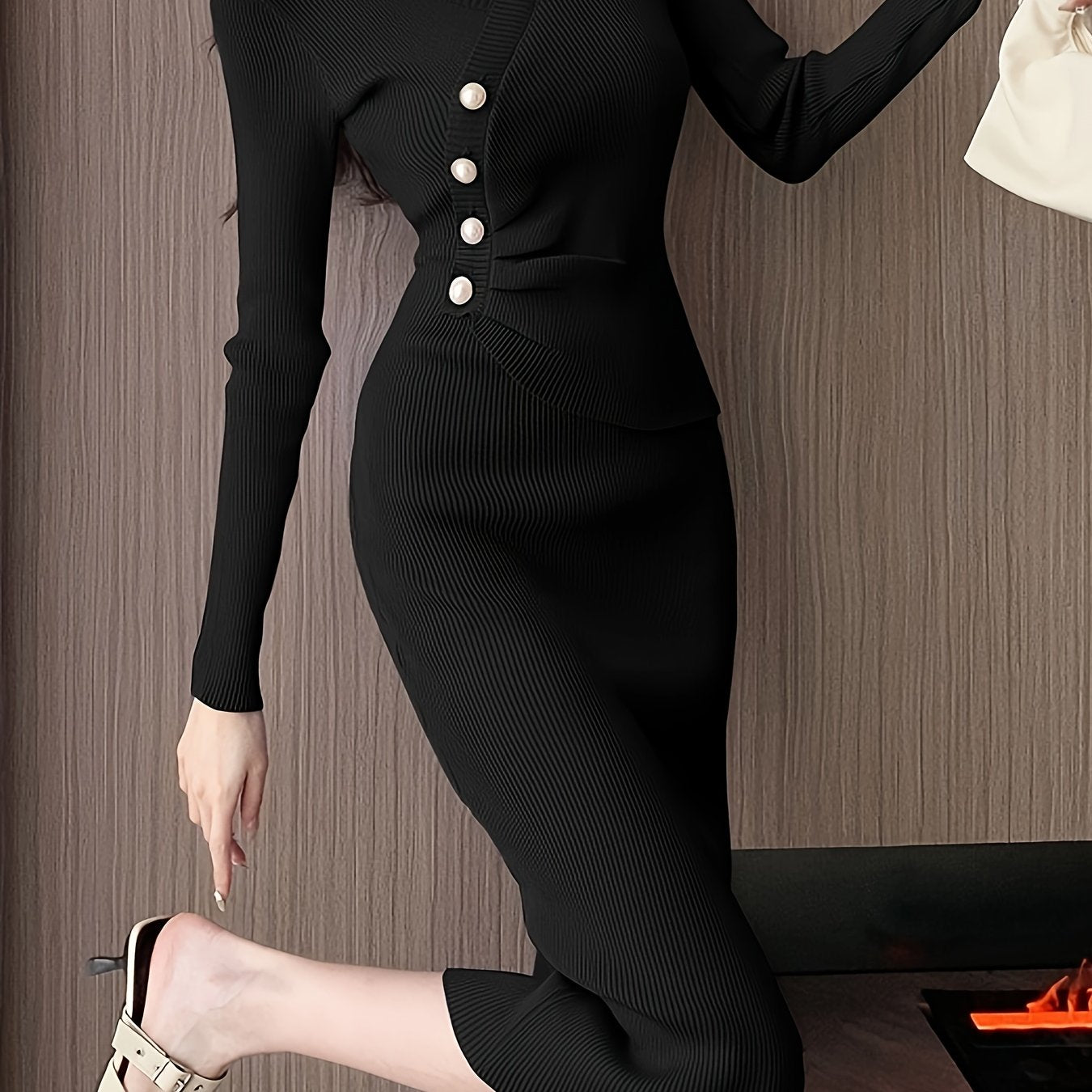 Sixsr Button Front Solid Midi Dress, Elegant V Neck Long Sleeve Dress, Women's Clothing