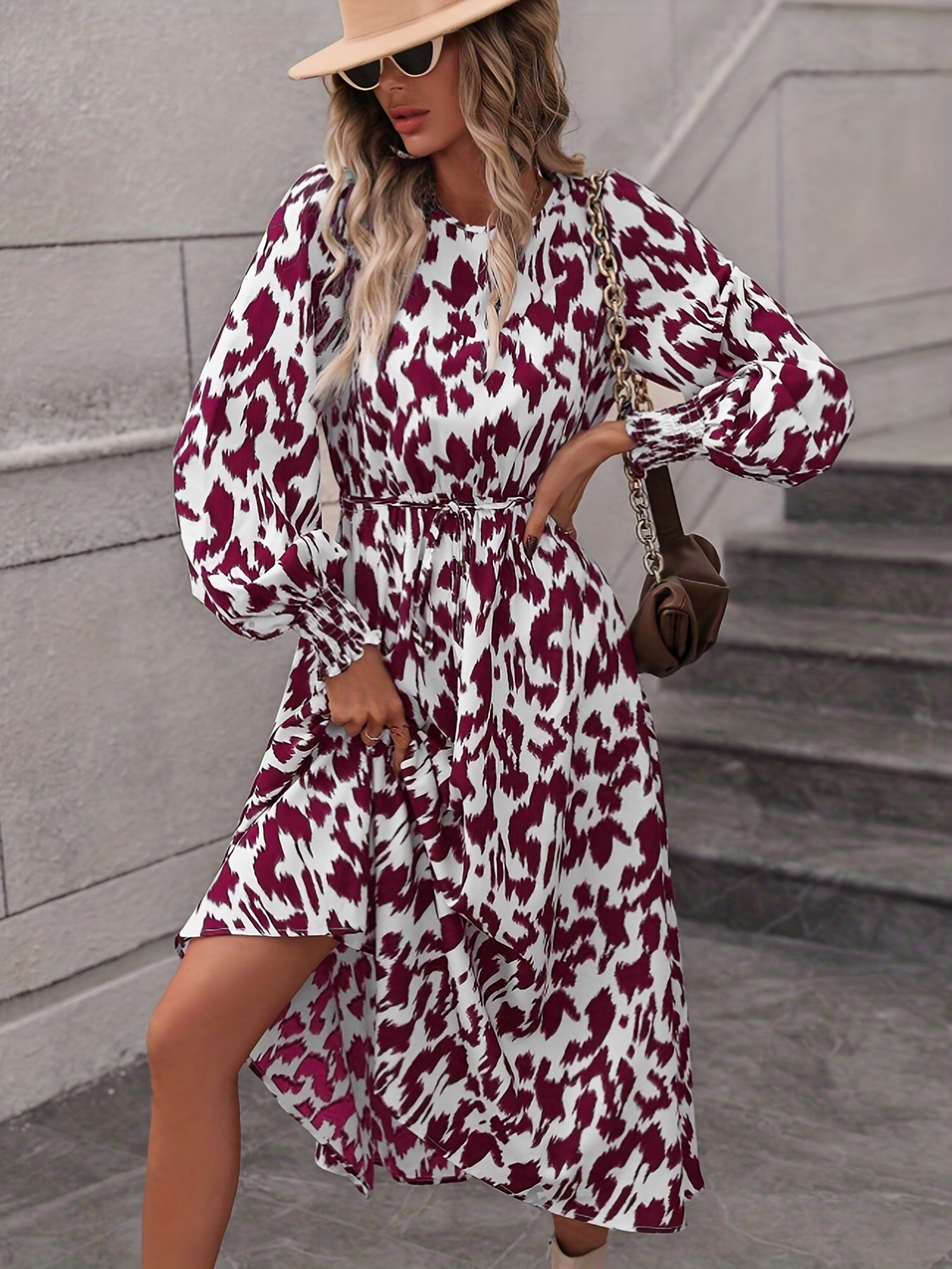 Leopard Print Crew Neck Dress, Elegant Long Sleeve Dress For Spring & Summer, Women's Clothing